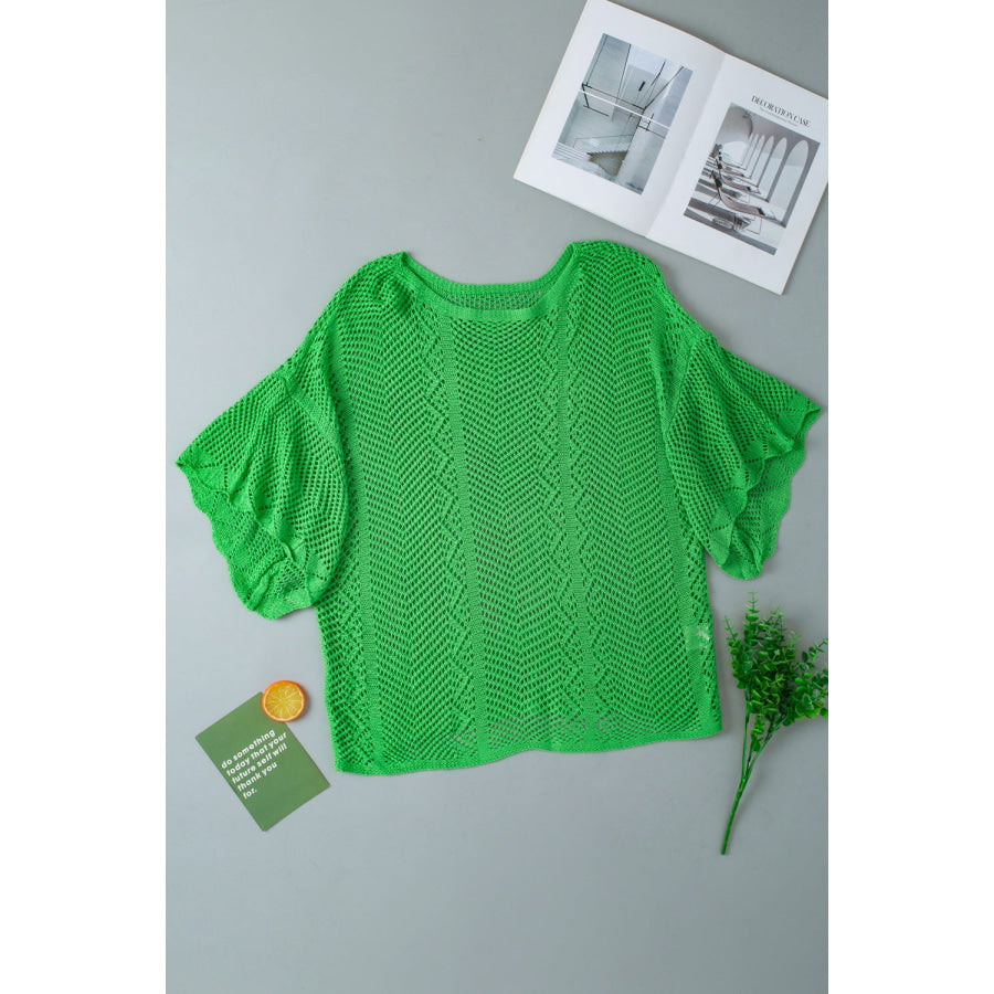 Openwork Round Neck Half Sleeve Knit Top Green / S Apparel and Accessories