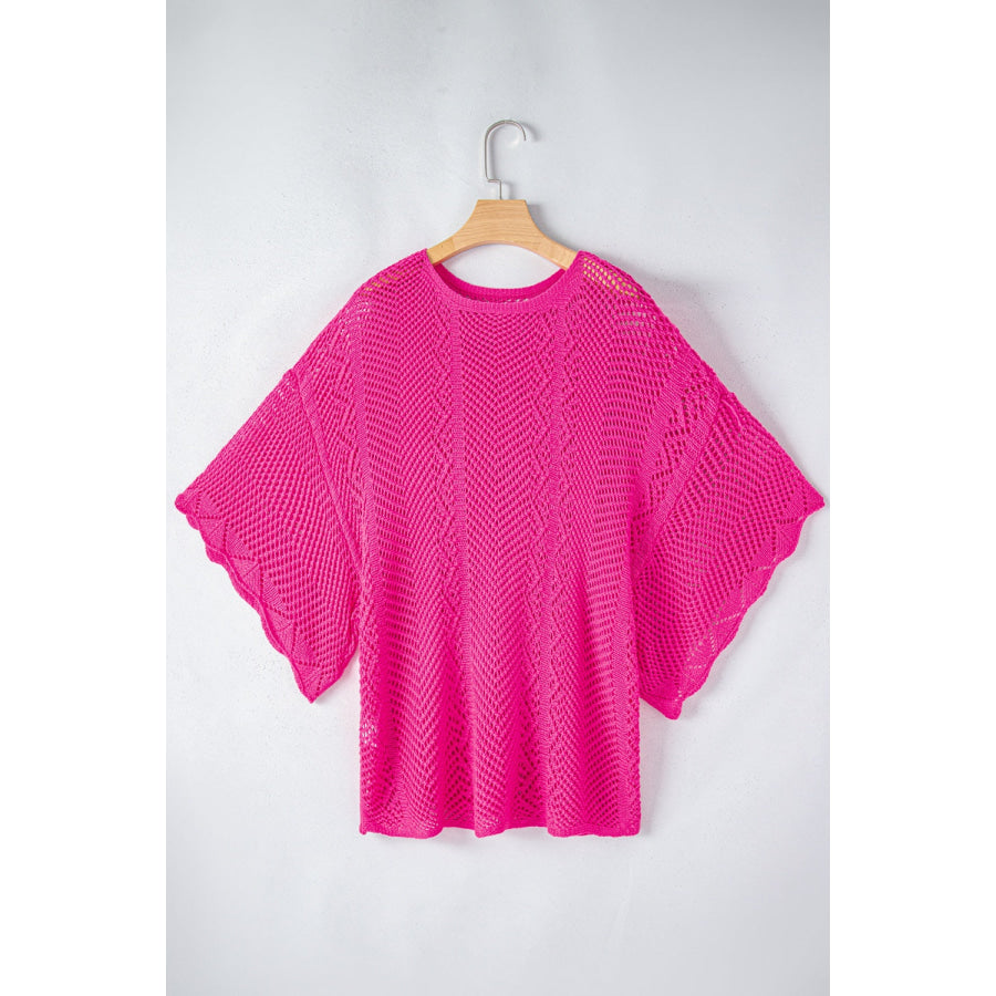 Openwork Round Neck Half Sleeve Knit Top Hot Pink / S Apparel and Accessories