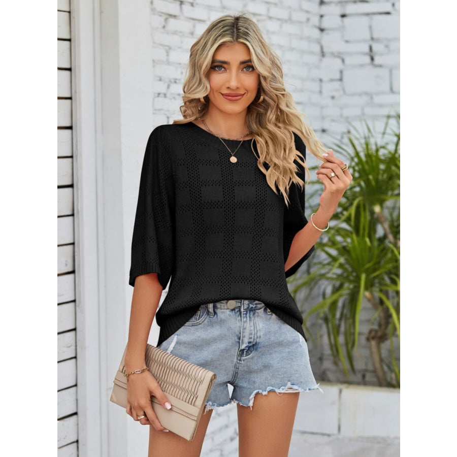 Openwork Round Neck Knit Top Apparel and Accessories