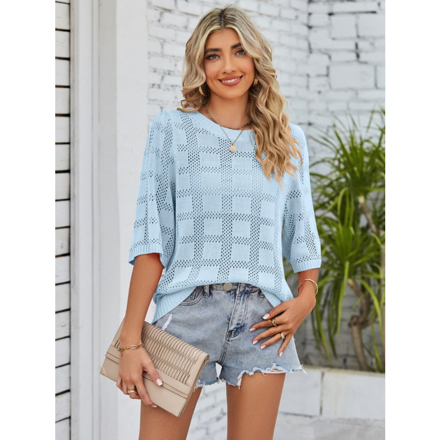 Openwork Round Neck Knit Top Apparel and Accessories