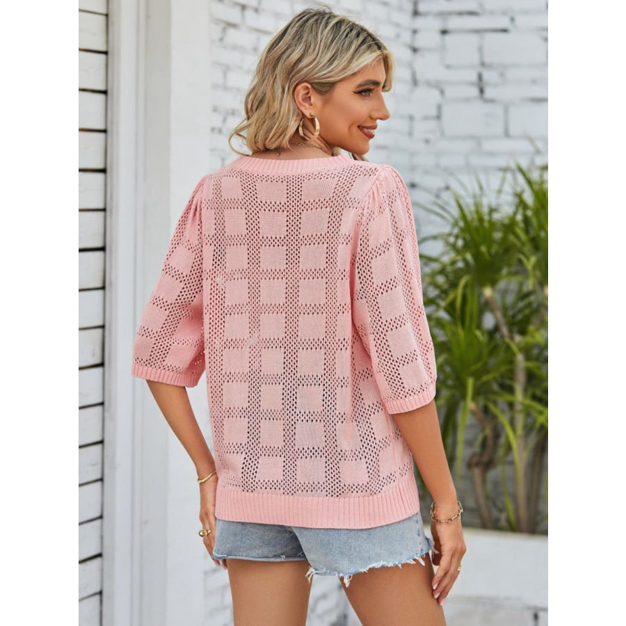 Openwork Round Neck Knit Top Apparel and Accessories