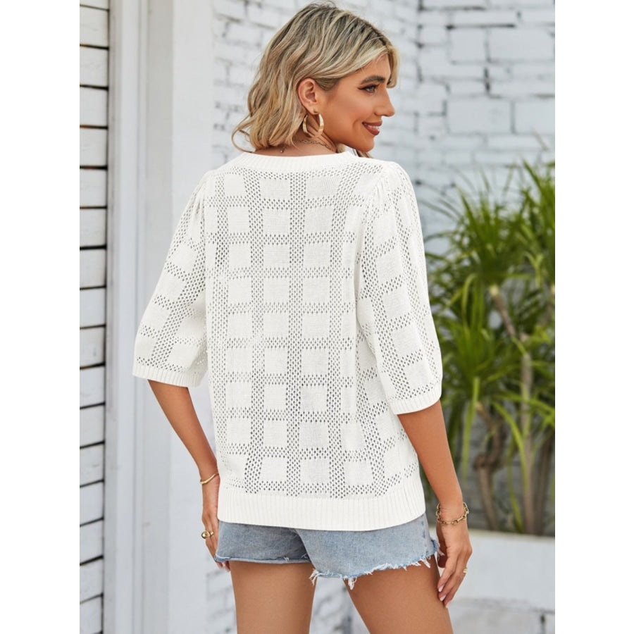 Openwork Round Neck Knit Top Apparel and Accessories