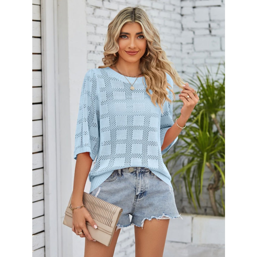 Openwork Round Neck Knit Top Apparel and Accessories