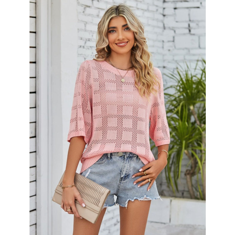 Openwork Round Neck Knit Top Blush Pink / S Apparel and Accessories