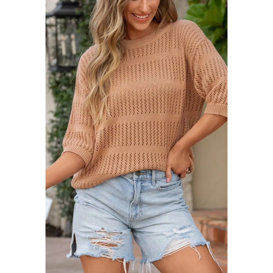 Openwork Round Neck Knit Top Taupe / S Apparel and Accessories