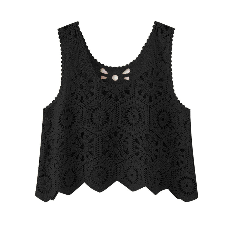 Openwork Round Neck Knit Vest Black / One Size Apparel and Accessories