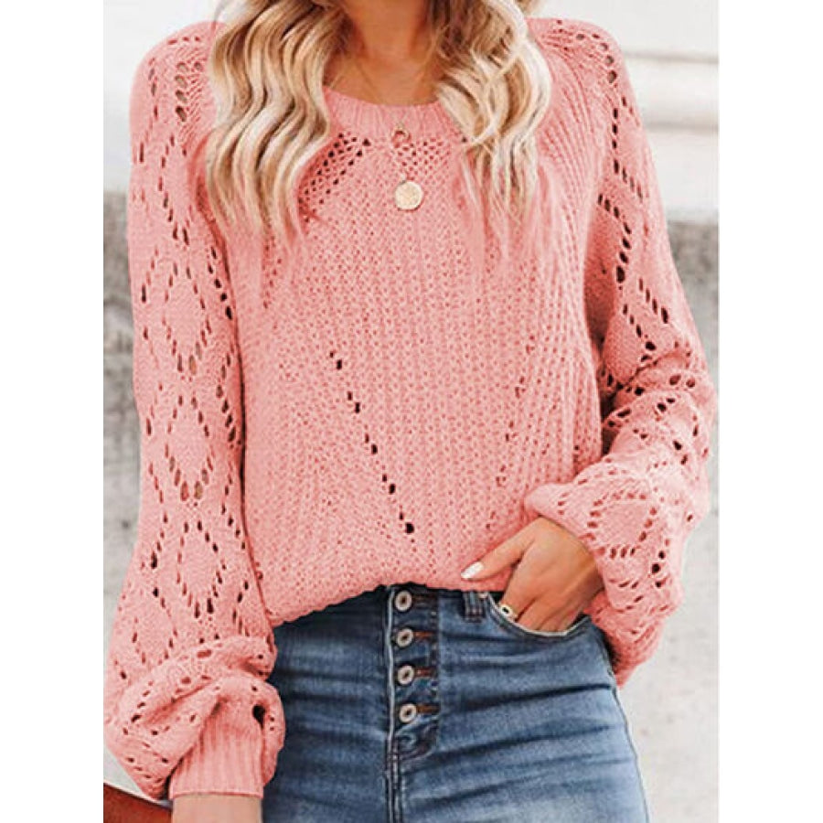 Openwork Round Neck Lantern Sleeve Sweater Burnt Coral / S Clothing