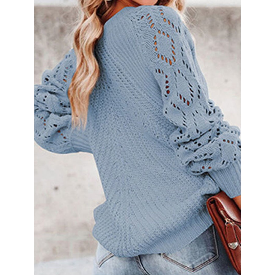 Openwork Round Neck Lantern Sleeve Sweater Clothing