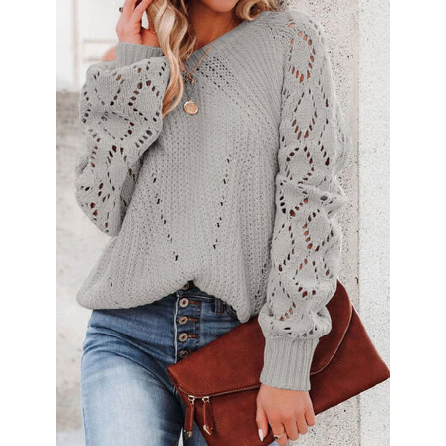 Openwork Round Neck Lantern Sleeve Sweater Clothing