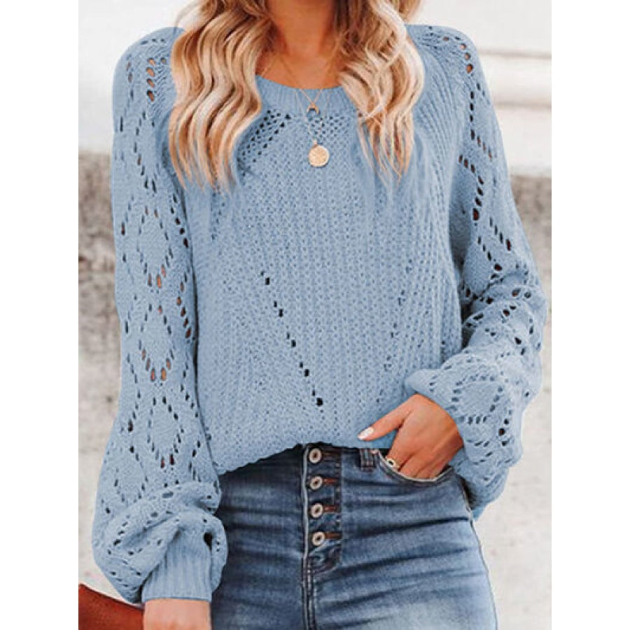 Openwork Round Neck Lantern Sleeve Sweater Clothing