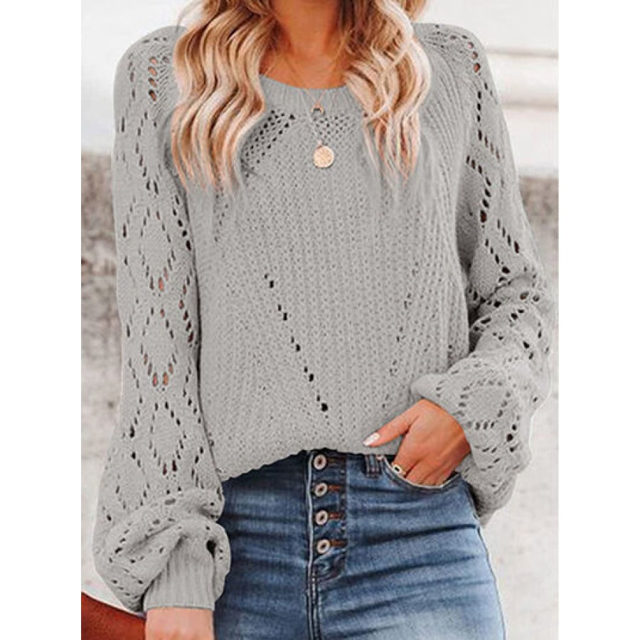 Openwork Round Neck Lantern Sleeve Sweater Heather Gray / S Clothing