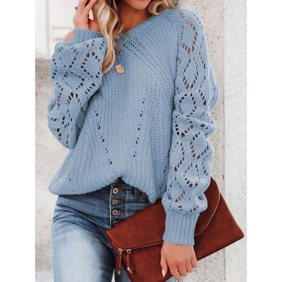 Openwork Round Neck Lantern Sleeve Sweater Misty Blue / S Clothing