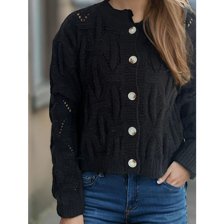 Openwork Round Neck Long Sleeve Cardigan Apparel and Accessories