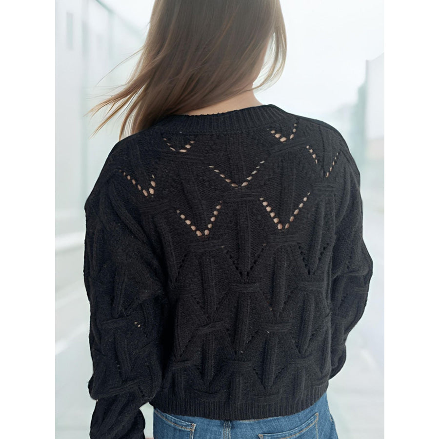 Openwork Round Neck Long Sleeve Cardigan Apparel and Accessories