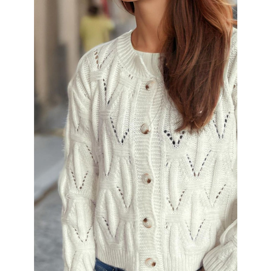 Openwork Round Neck Long Sleeve Cardigan Apparel and Accessories