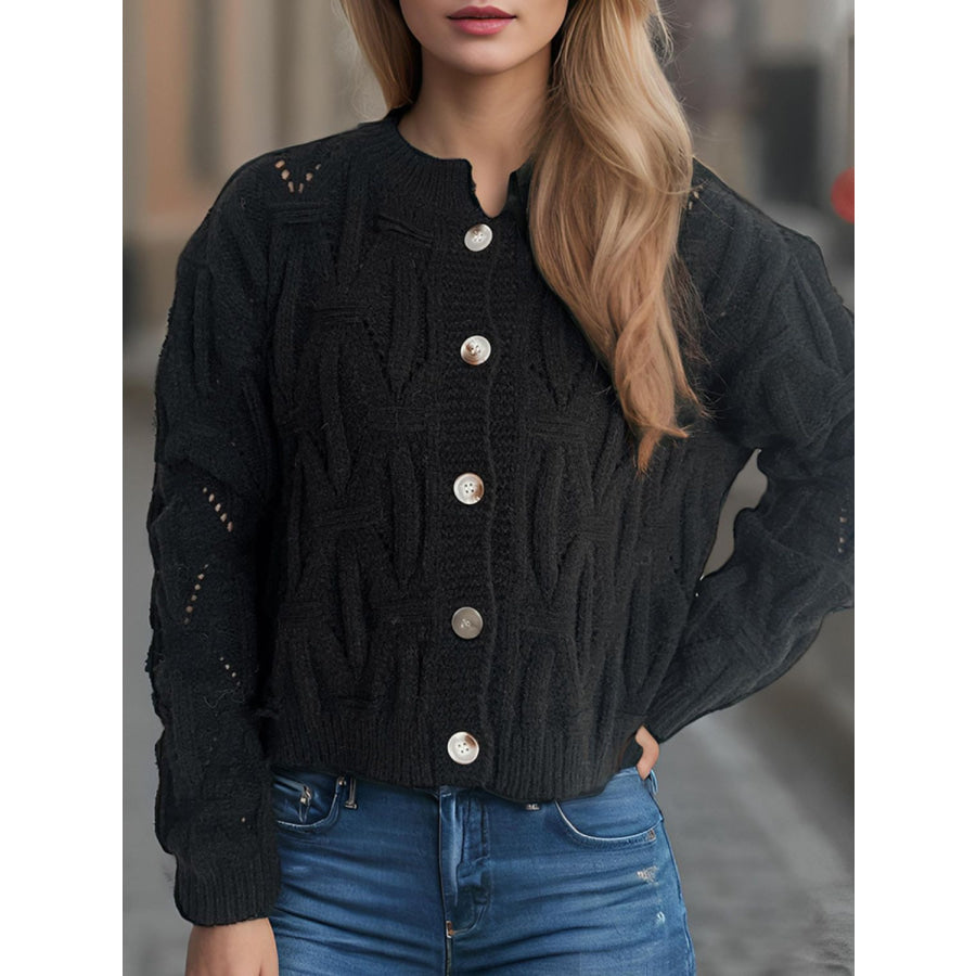 Openwork Round Neck Long Sleeve Cardigan Black / One Size Apparel and Accessories