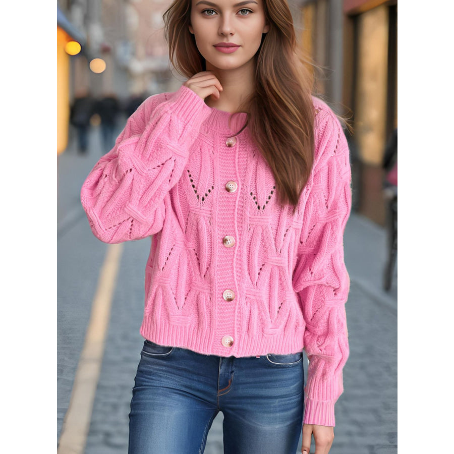 Openwork Round Neck Long Sleeve Cardigan Fuchsia Pink / One Size Apparel and Accessories