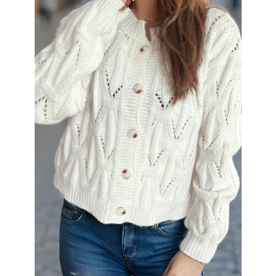 Openwork Round Neck Long Sleeve Cardigan White / One Size Apparel and Accessories