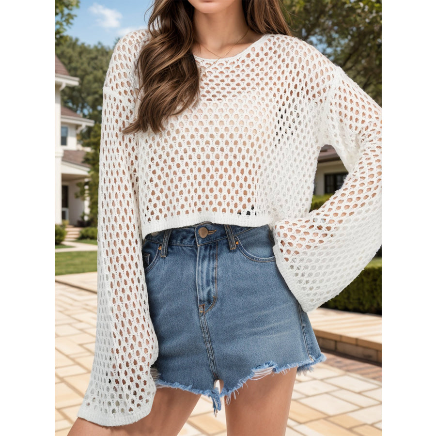 Openwork Round Neck Long Sleeve Cover Up Apparel and Accessories