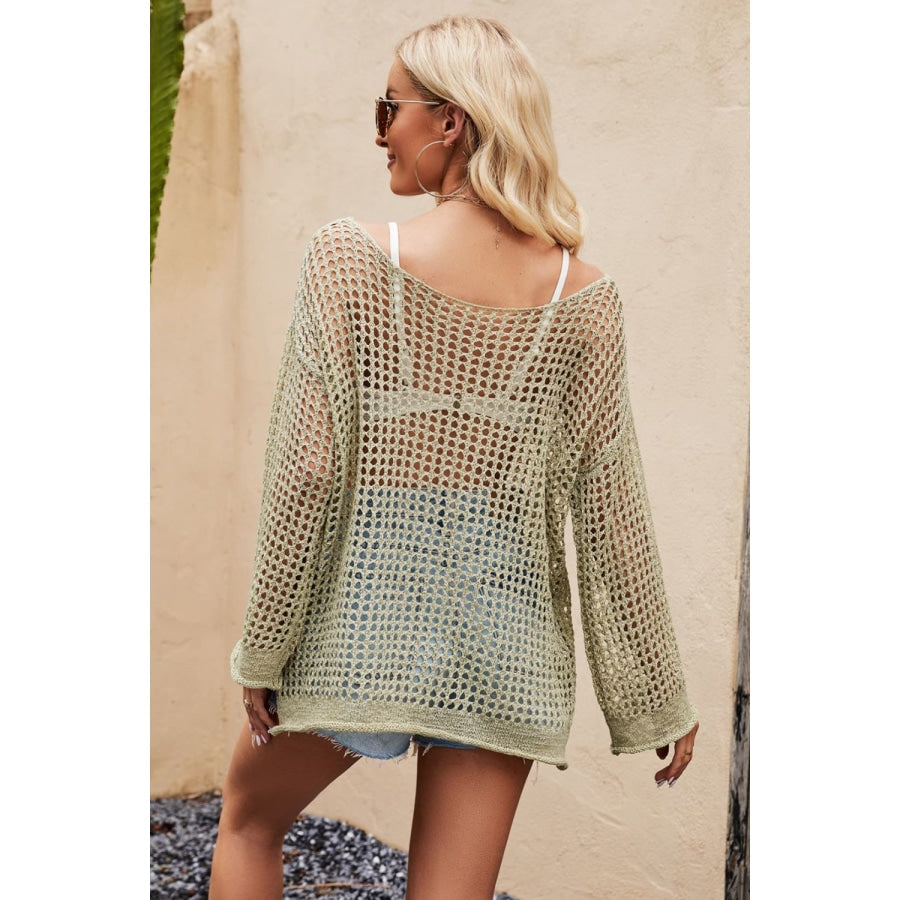 Openwork Round Neck Long Sleeve Cover Up Mist Green / One Size