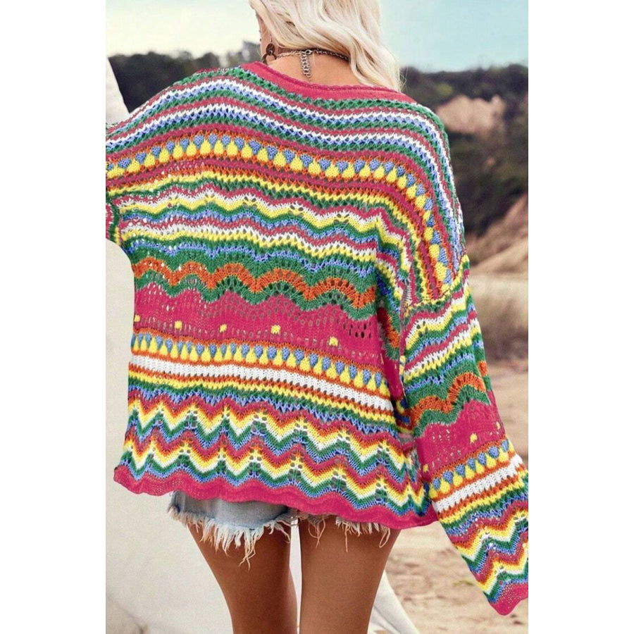 Openwork Round Neck Long Sleeve Knit Top Deep Rose / S Apparel and Accessories
