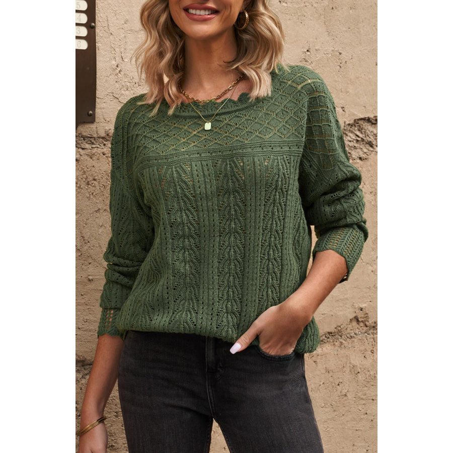 Openwork Round Neck Long Sleeve Knit Top Dark Green / S Apparel and Accessories