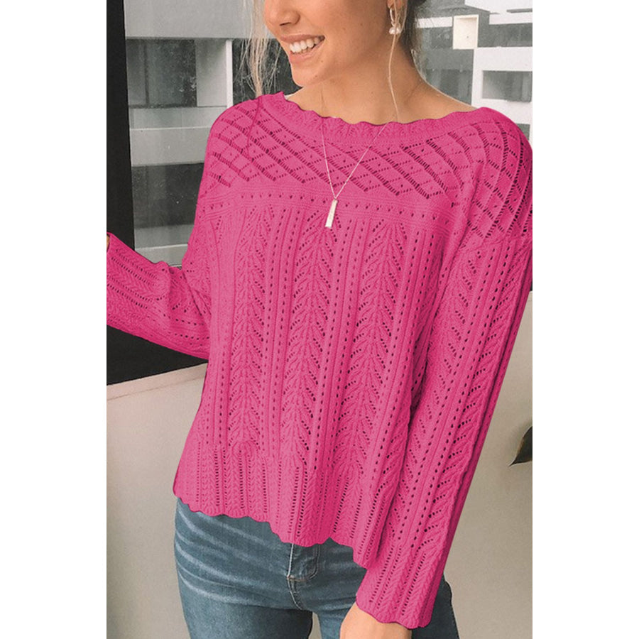 Openwork Round Neck Long Sleeve Knit Top Apparel and Accessories