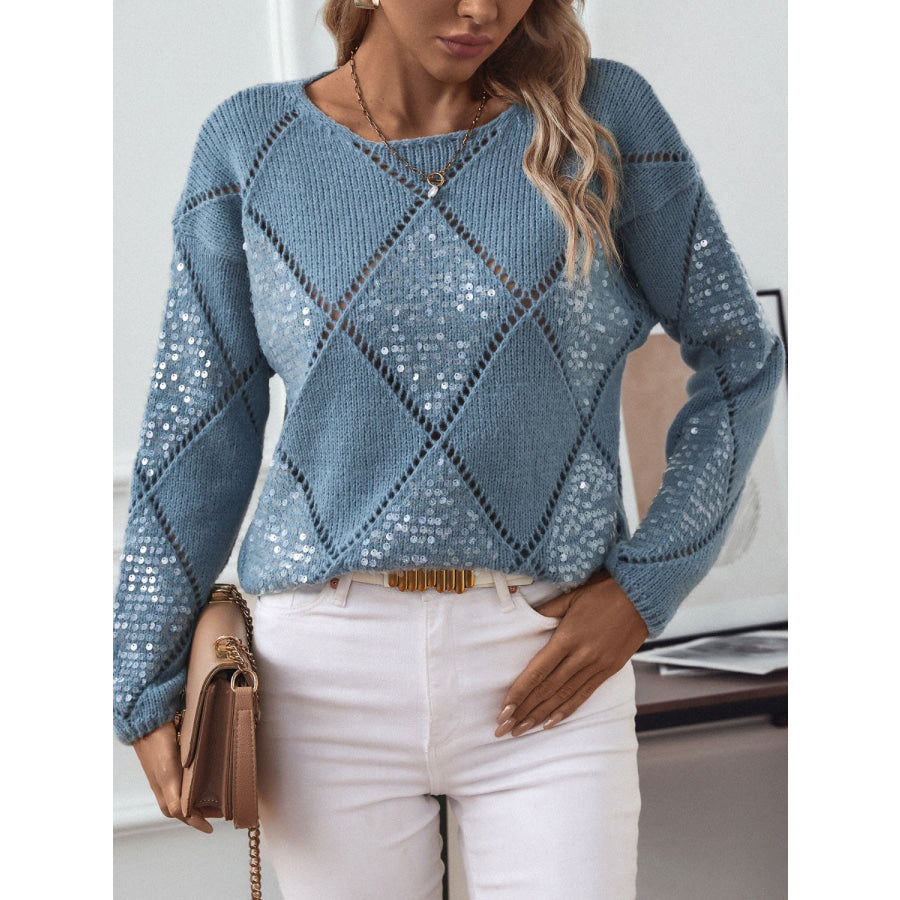 Openwork Round Neck Long Sleeve Knit Top Apparel and Accessories