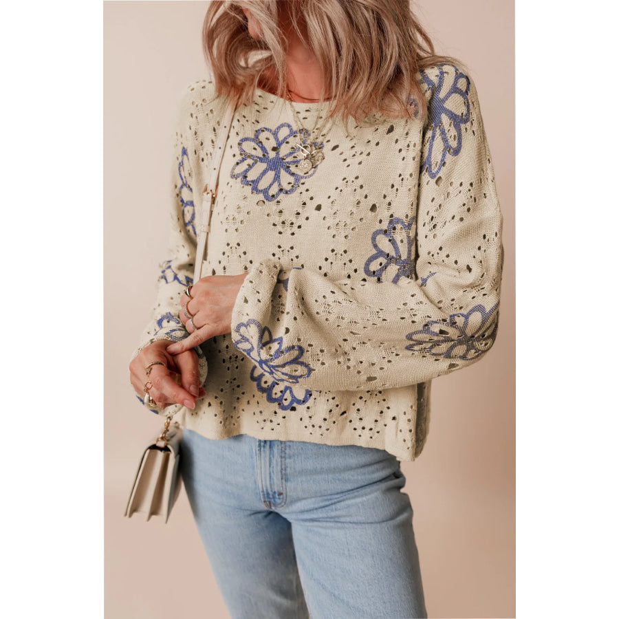 Openwork Round Neck Long Sleeve Knit Top Beige / S Apparel and Accessories