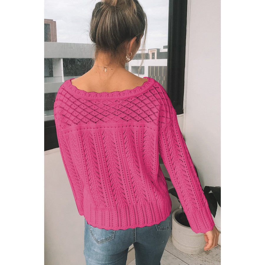 Openwork Round Neck Long Sleeve Knit Top Apparel and Accessories