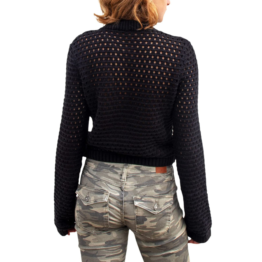 Openwork Round Neck Long Sleeve Knit Top Apparel and Accessories