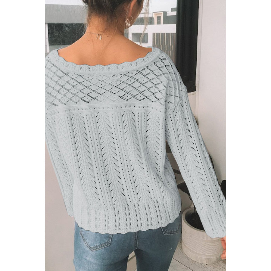 Openwork Round Neck Long Sleeve Knit Top Apparel and Accessories