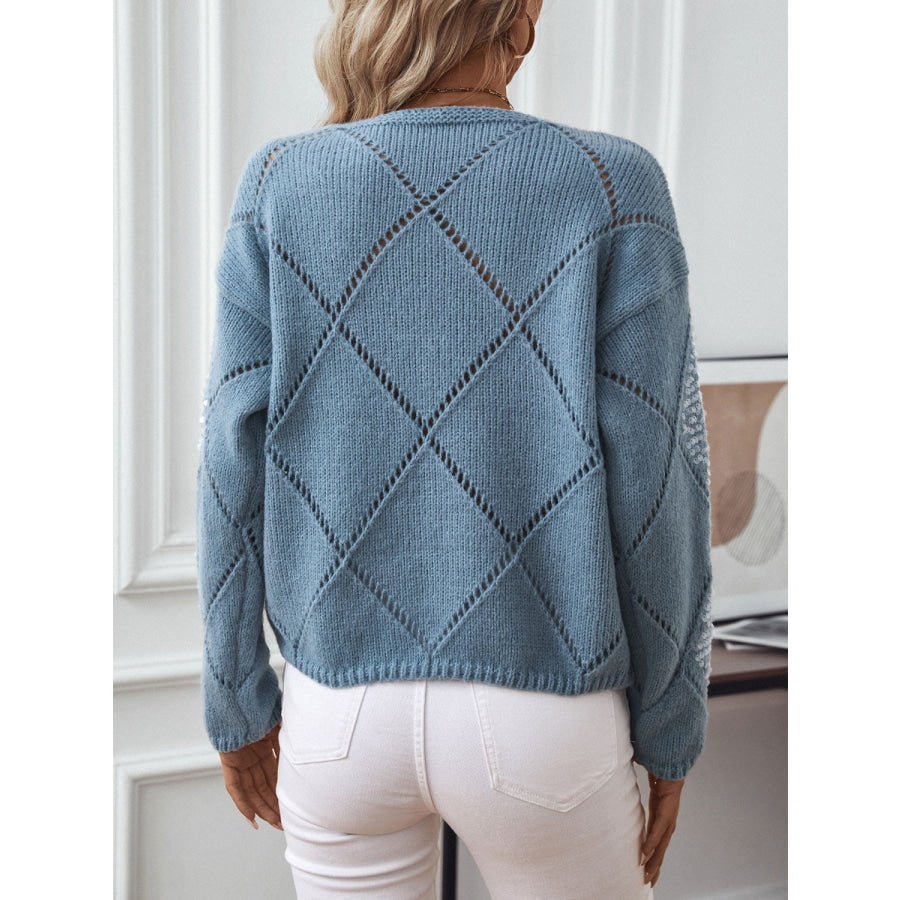 Openwork Round Neck Long Sleeve Knit Top Dusty Blue / S Apparel and Accessories