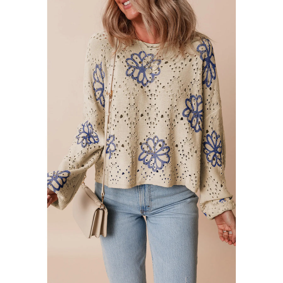 Openwork Round Neck Long Sleeve Knit Top Apparel and Accessories