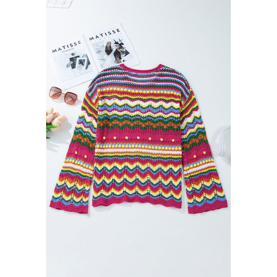 Openwork Round Neck Long Sleeve Knit Top Apparel and Accessories