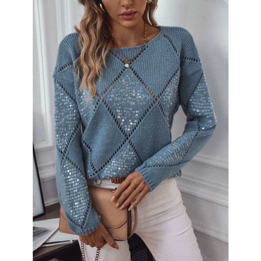 Openwork Round Neck Long Sleeve Knit Top Apparel and Accessories