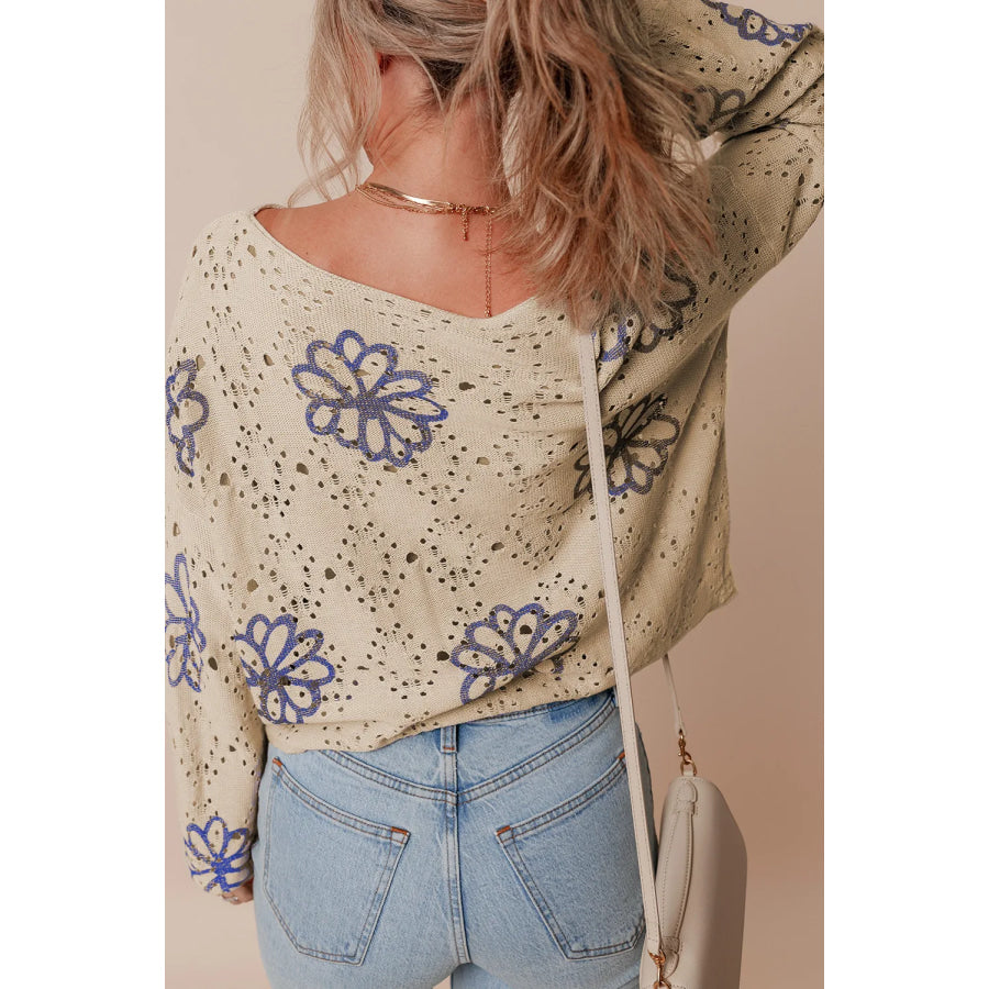 Openwork Round Neck Long Sleeve Knit Top Apparel and Accessories