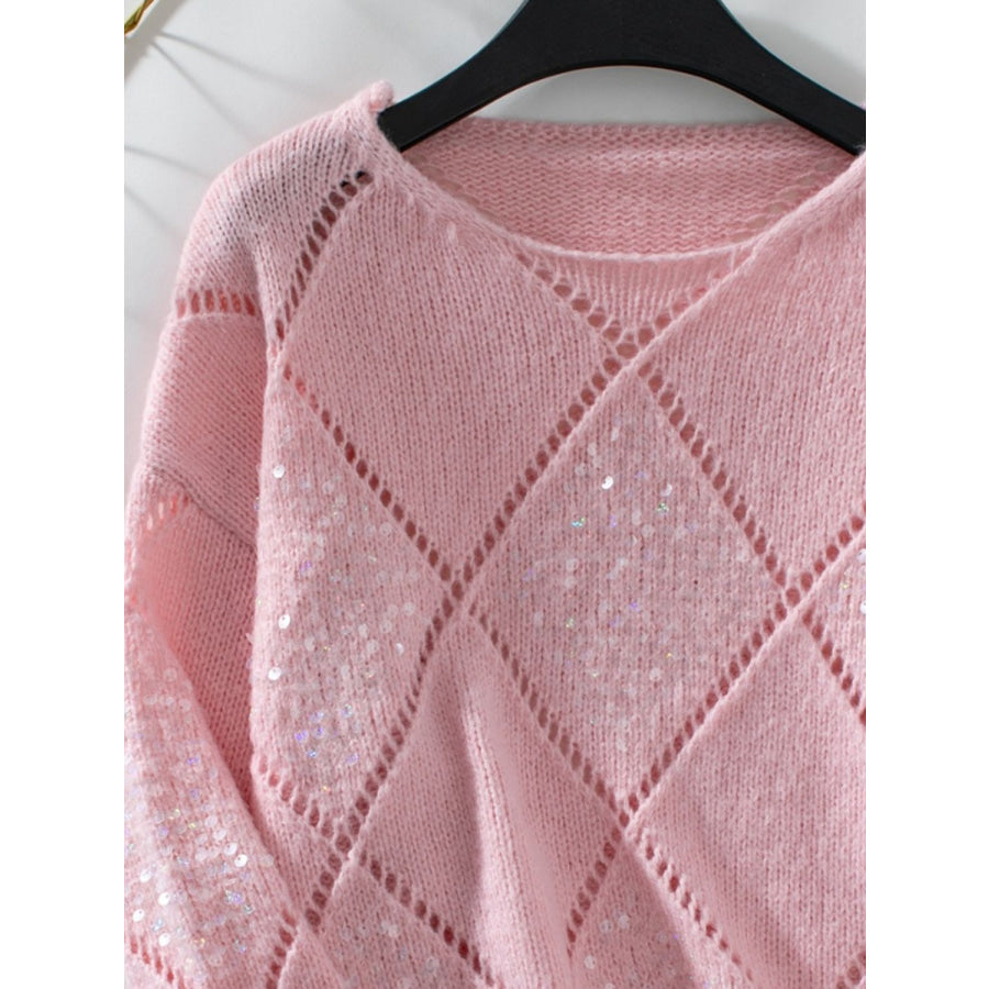 Openwork Round Neck Long Sleeve Knit Top Apparel and Accessories