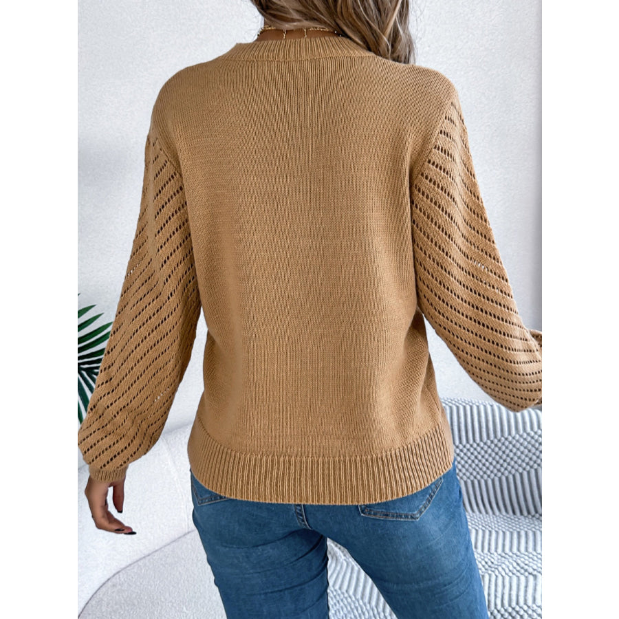 Openwork Round Neck Long Sleeve Knit Top Apparel and Accessories