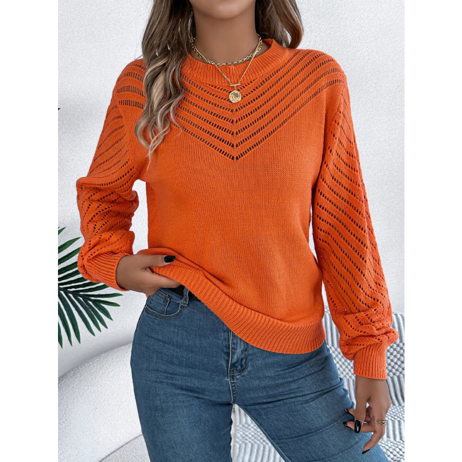 Openwork Round Neck Long Sleeve Knit Top Apparel and Accessories