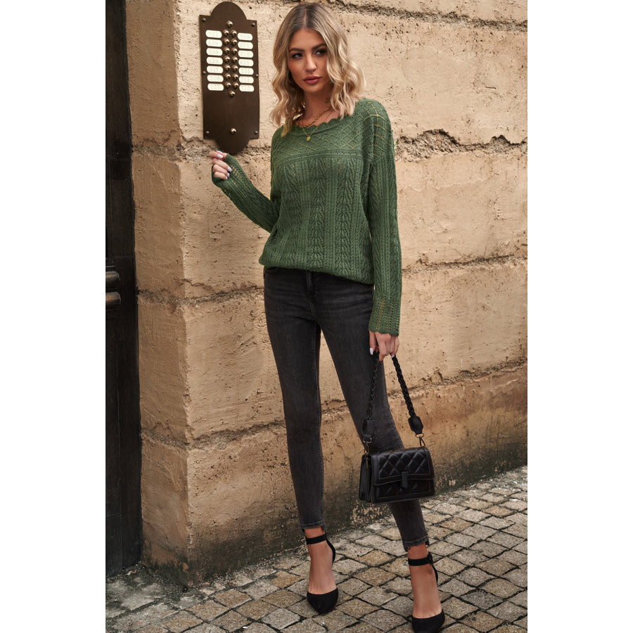 Openwork Round Neck Long Sleeve Knit Top Apparel and Accessories