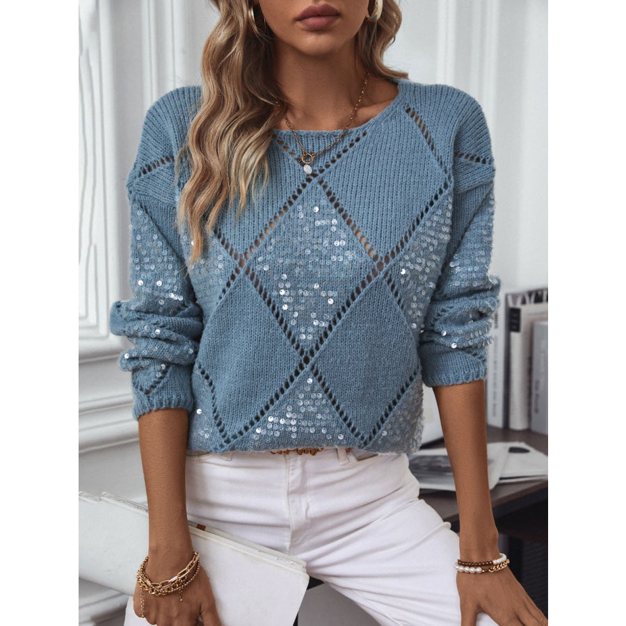 Openwork Round Neck Long Sleeve Knit Top Apparel and Accessories