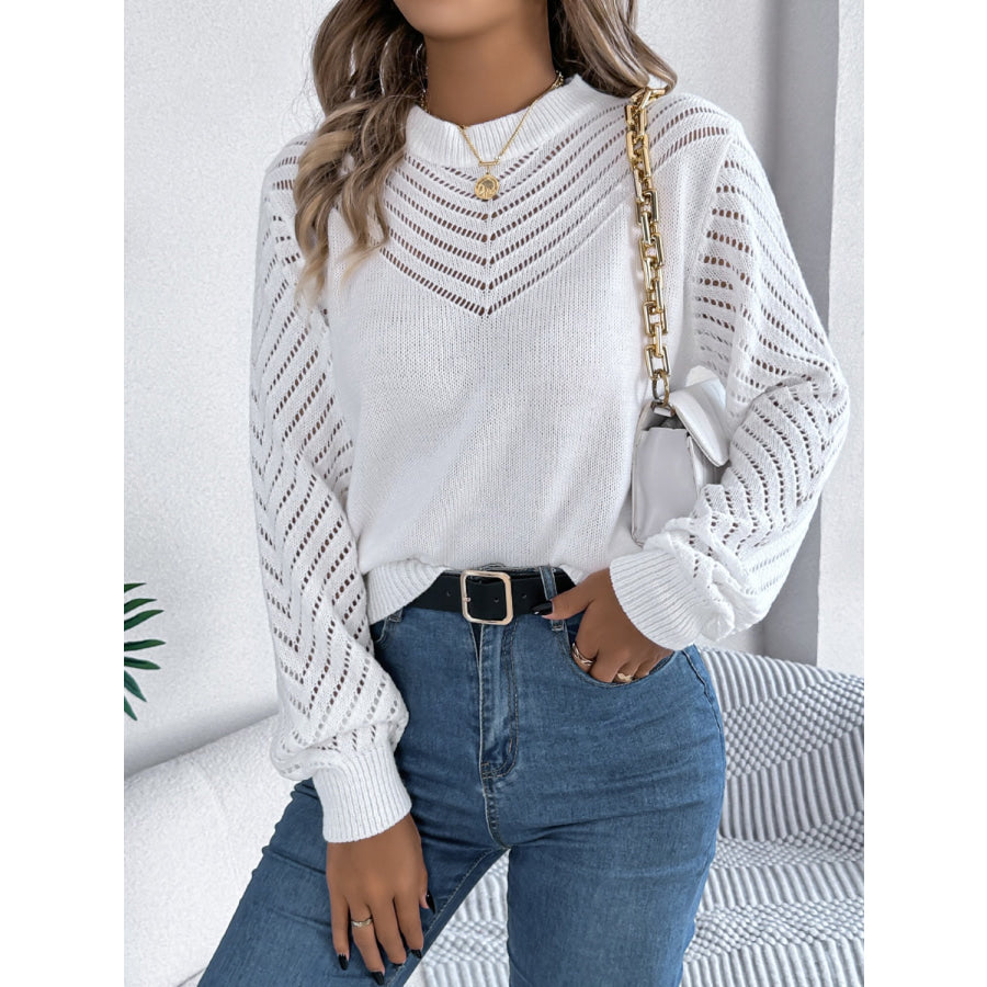 Openwork Round Neck Long Sleeve Knit Top Apparel and Accessories