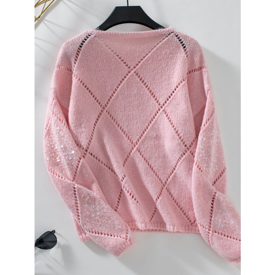 Openwork Round Neck Long Sleeve Knit Top Apparel and Accessories