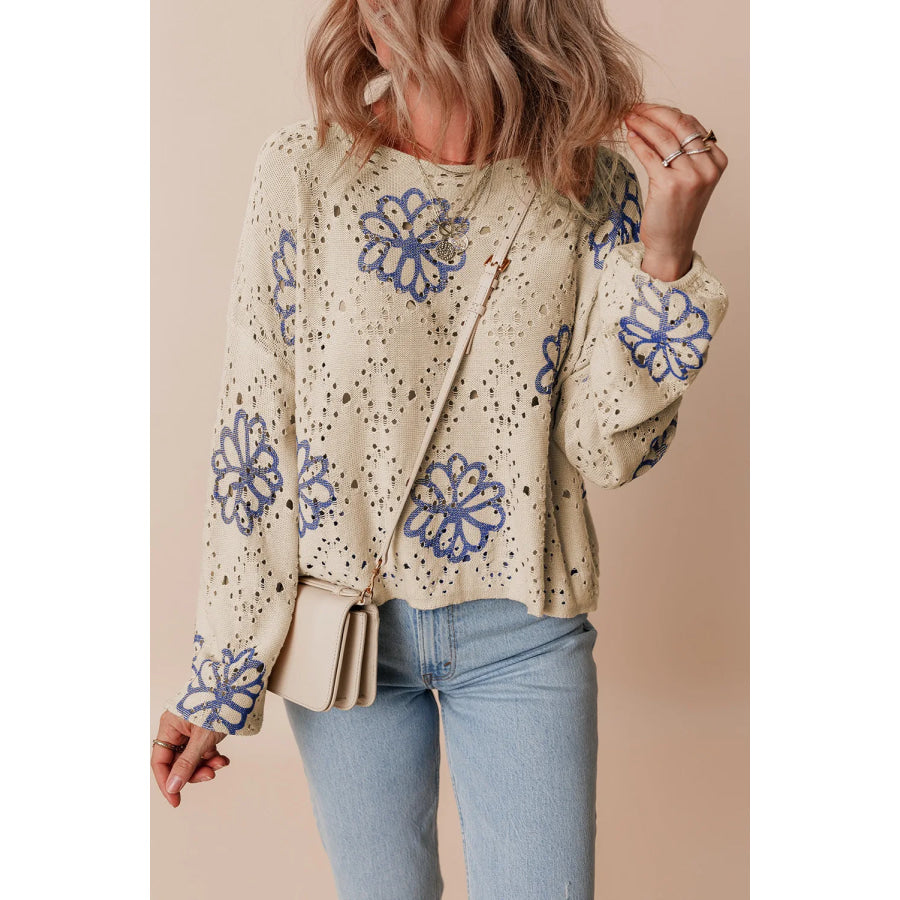 Openwork Round Neck Long Sleeve Knit Top Apparel and Accessories