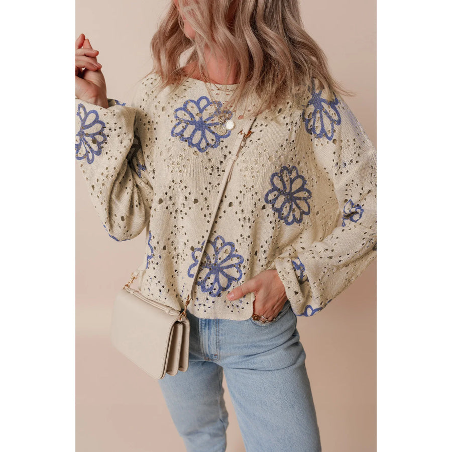 Openwork Round Neck Long Sleeve Knit Top Apparel and Accessories