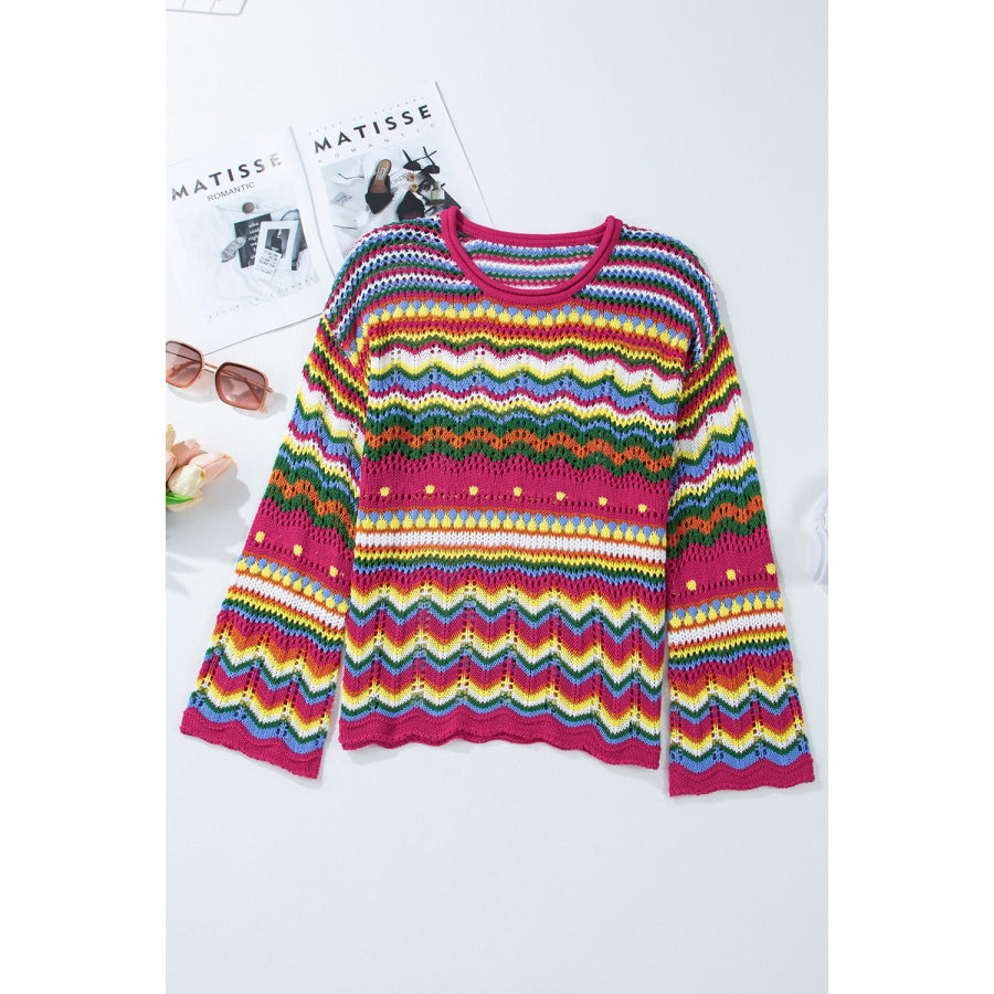Openwork Round Neck Long Sleeve Knit Top Apparel and Accessories