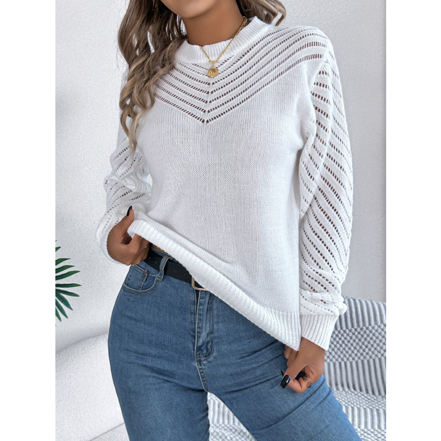 Openwork Round Neck Long Sleeve Knit Top Apparel and Accessories