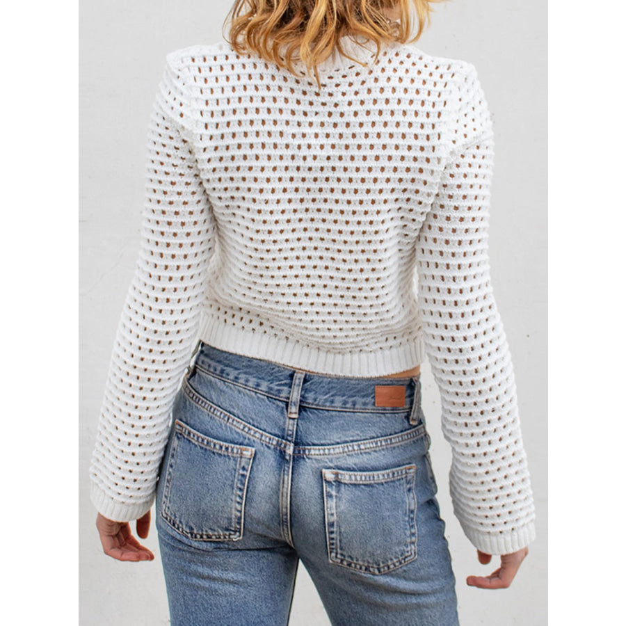 Openwork Round Neck Long Sleeve Knit Top Apparel and Accessories