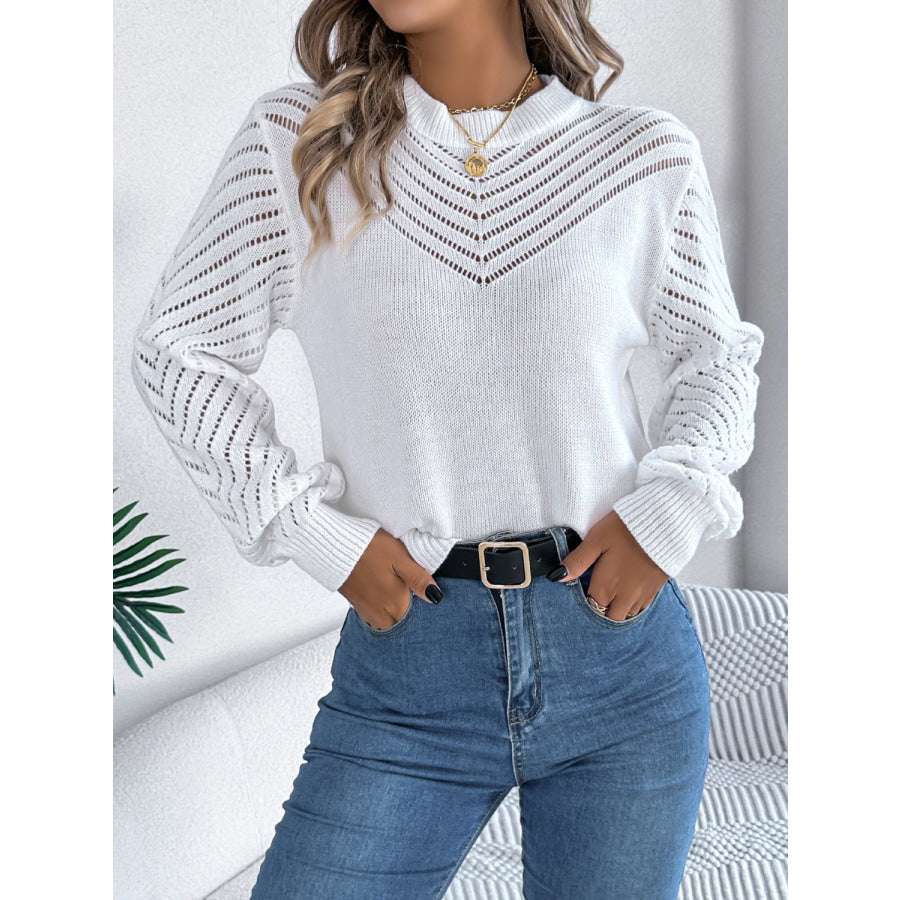 Openwork Round Neck Long Sleeve Knit Top Apparel and Accessories